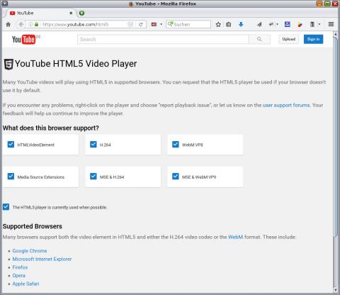 YoutTube HTML5 Testpage showing all video formats okay